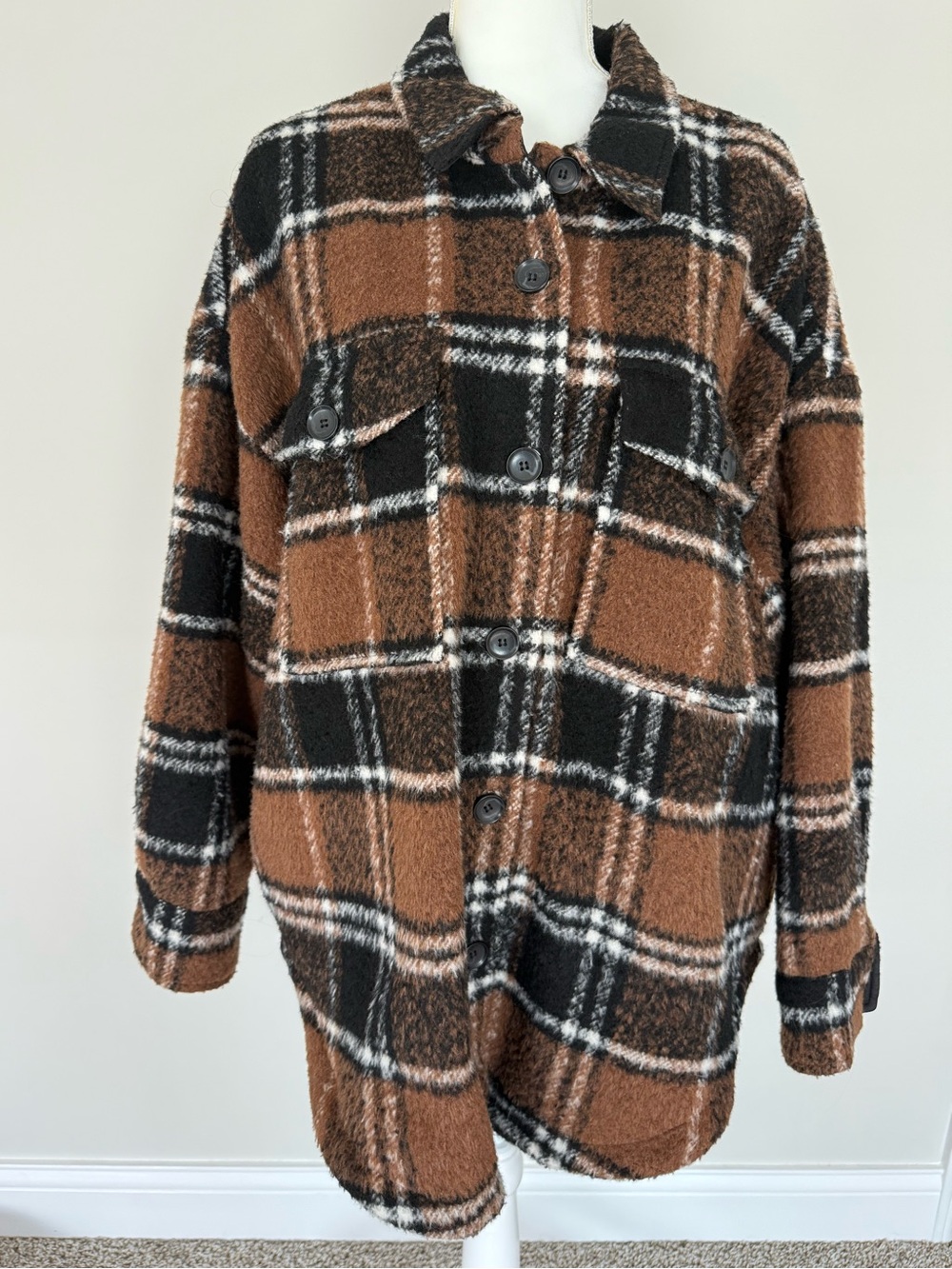 Good American Brushed Boyfriend Shacket 3/4 Large XL Caramel Brown Black